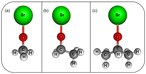 Examples of MOR molecules. a) strontium monomethoxide, b) strontium monoethoxide, and c) strontium isopropoxide